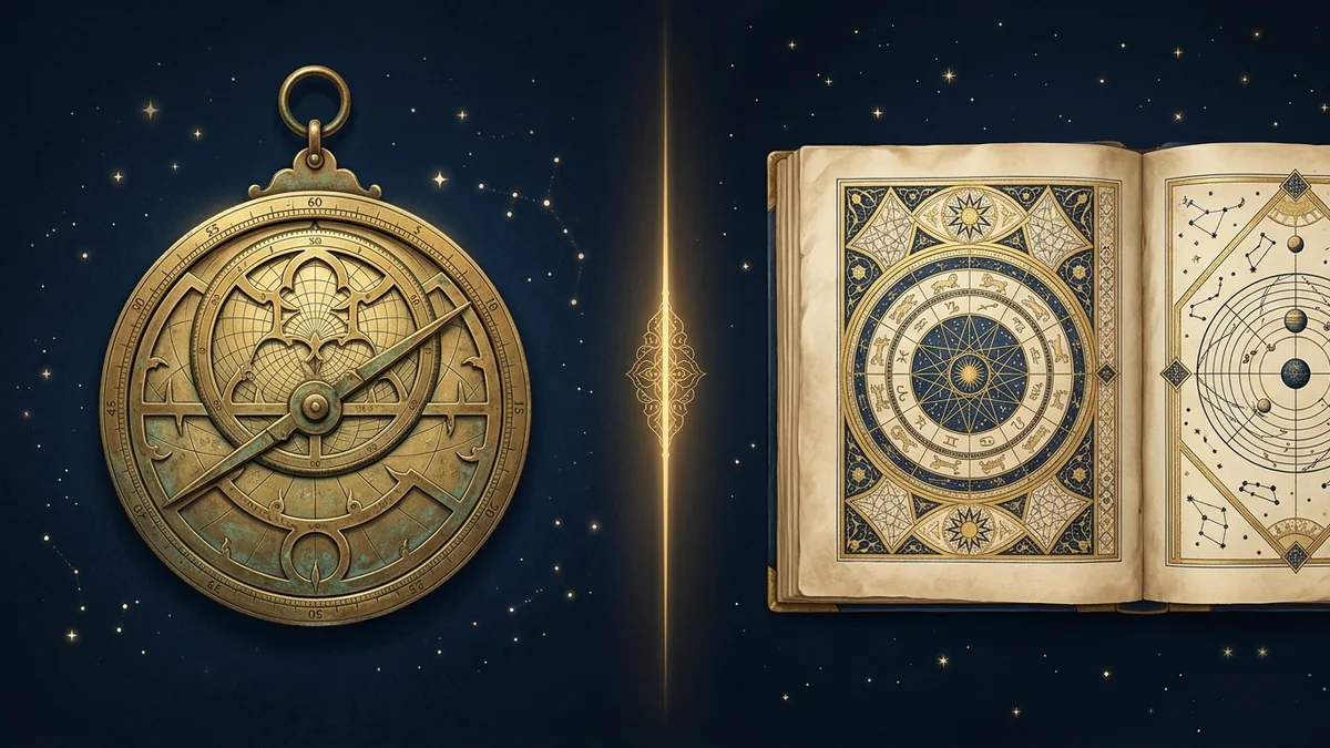Astroloji haram mı sorusunu temsil eden, lacivert gökyüzünde altın çizgiyle ikiye ayrılmış usturlap ve yıldız haritası illüstrasyonu